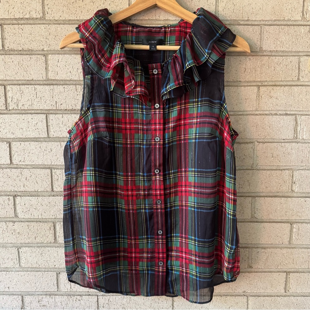 J Crew Sleeveless ruffle-collar top in black Stewart tartan | plaid | Sz Small